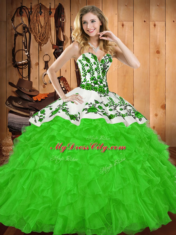 Sleeveless Floor Length Embroidery and Ruffles Lace Up Quinceanera Dress with