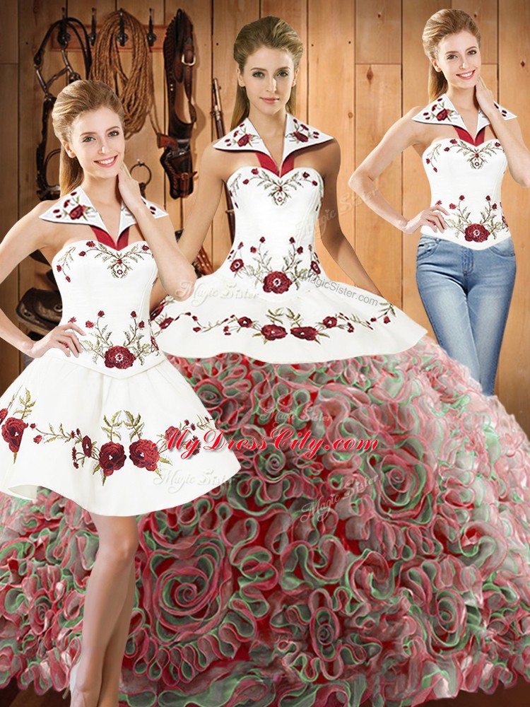 Sleeveless Embroidery Lace Up Quince Ball Gowns with Multi-color Sweep Train