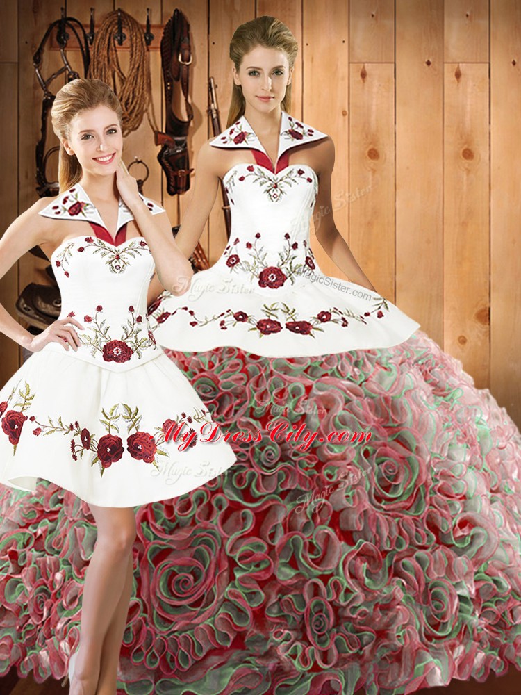 Sleeveless Embroidery Lace Up Quince Ball Gowns with Multi-color Sweep Train