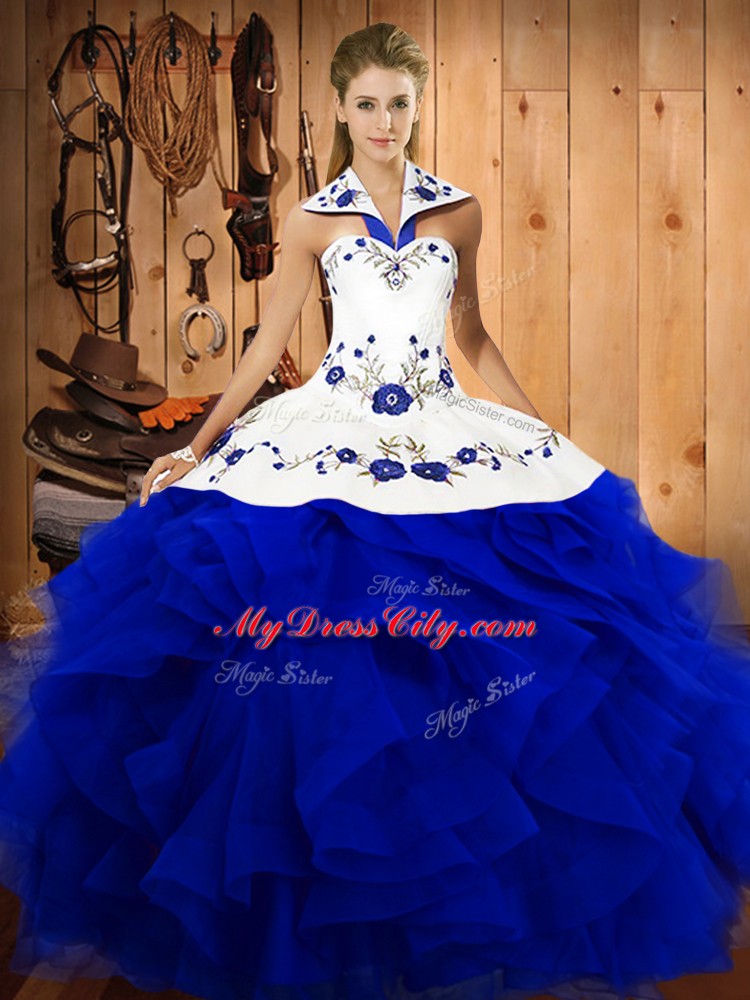 Lovely Royal Blue 15 Quinceanera Dress Military Ball and Sweet 16 and Quinceanera with Embroidery and Ruffles Halter Top Sleeveless Lace Up