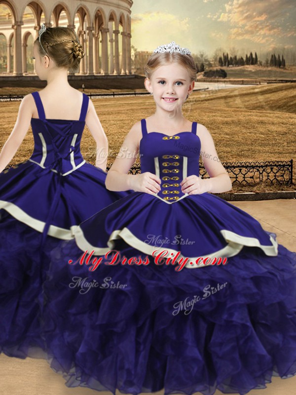 Custom Fit Purple Satin and Organza Lace Up Quinceanera Gowns Sleeveless Floor Length Beading and Ruffles