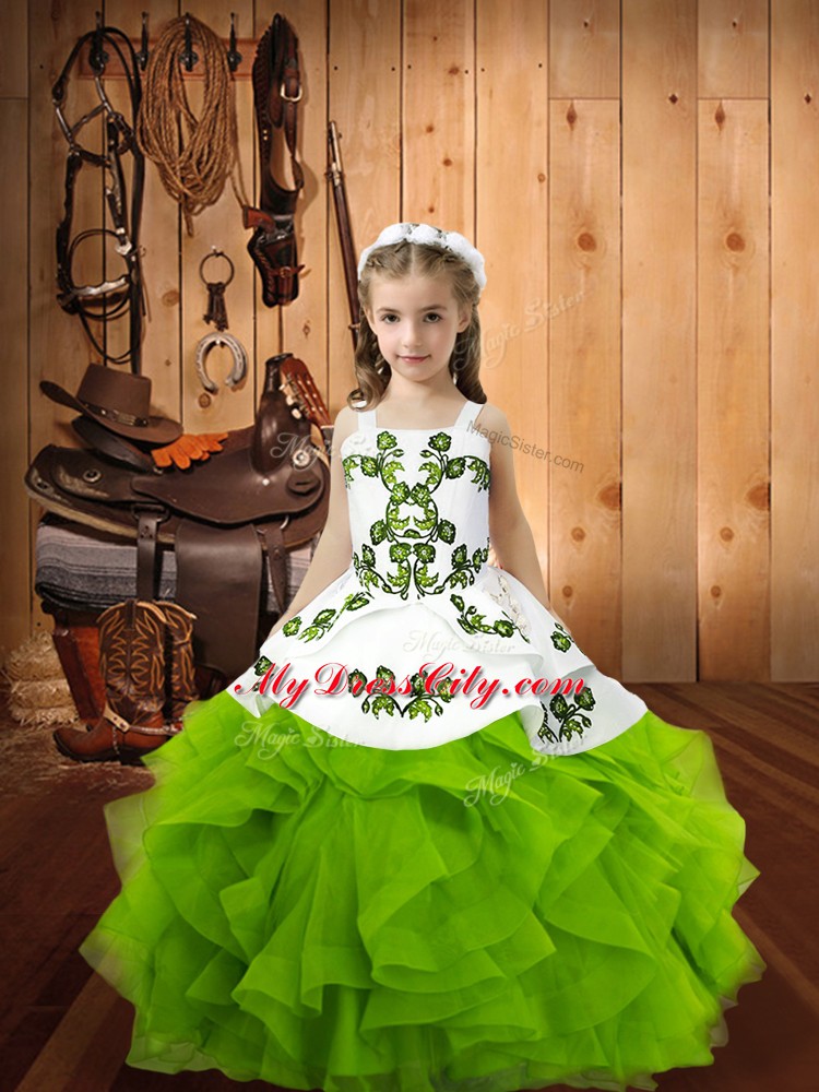 Organza Lace Up Straps Sleeveless Floor Length Pageant Dress for Teens Embroidery and Ruffles