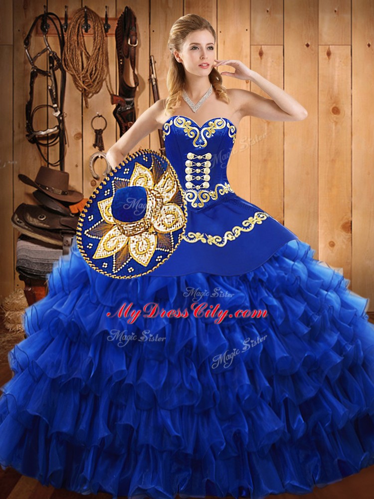 Fine Blue Ball Gowns Embroidery and Ruffled Layers Ball Gown Prom Dress Lace Up Tulle Sleeveless Floor Length