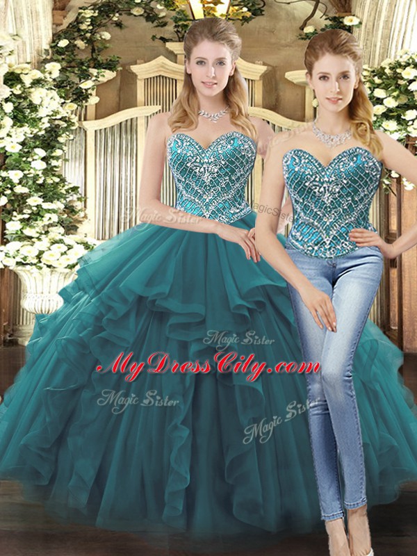 Tulle Sleeveless Floor Length 15th Birthday Dress and Beading and Ruffles