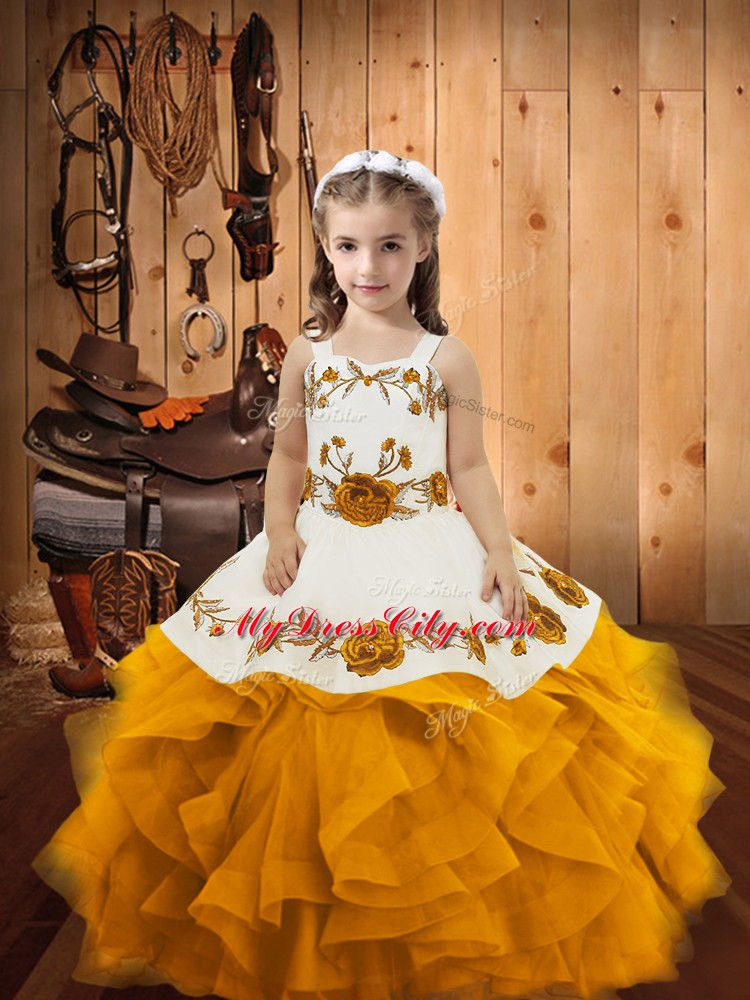 Cute Floor Length Lace Up Little Girl Pageant Gowns Gold for Sweet 16 and Quinceanera with Embroidery and Ruffles