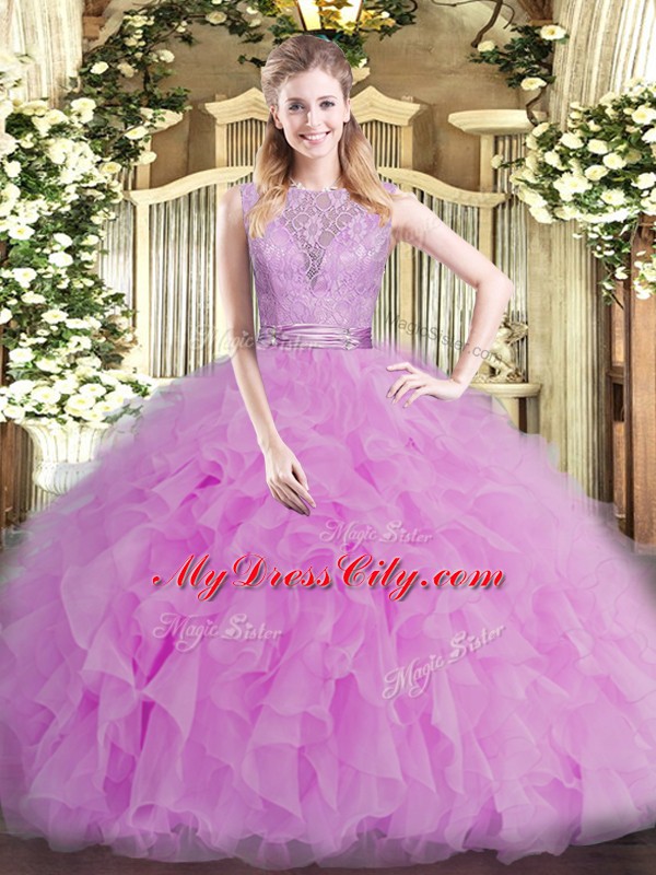 Beading and Ruffles Quince Ball Gowns Lilac Backless Sleeveless Floor Length