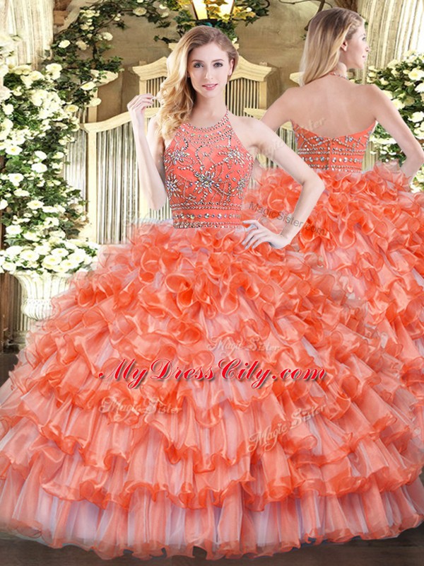 Orange Sleeveless Floor Length Beading and Ruffled Layers Zipper Quinceanera Dresses