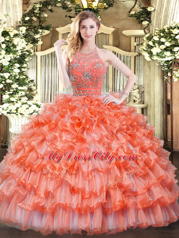 Orange Sleeveless Floor Length Beading and Ruffled Layers Zipper Quinceanera Dresses