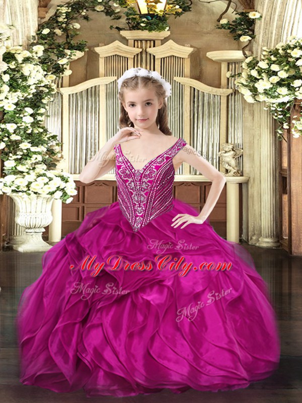 Inexpensive V-neck Sleeveless Little Girl Pageant Gowns Floor Length Beading and Ruffles Fuchsia Organza