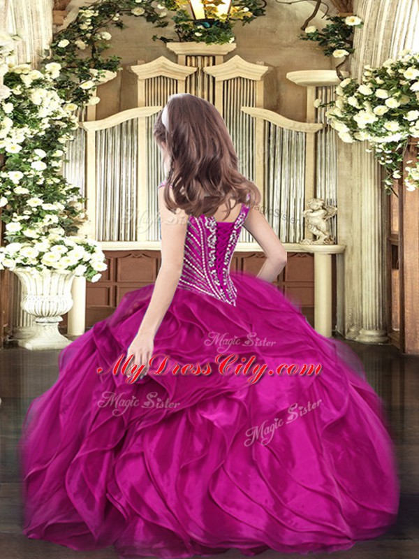 Inexpensive V-neck Sleeveless Little Girl Pageant Gowns Floor Length Beading and Ruffles Fuchsia Organza