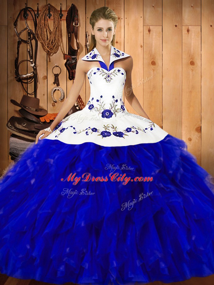 Sexy Blue And White Ball Gowns Embroidery and Ruffles Vestidos de Quinceanera Lace Up Satin and Organza Sleeveless Floor Length