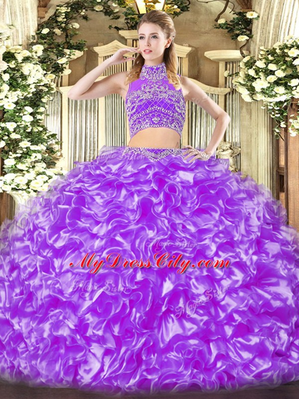 Customized High-neck Sleeveless Tulle Quince Ball Gowns Beading and Ruffles Backless