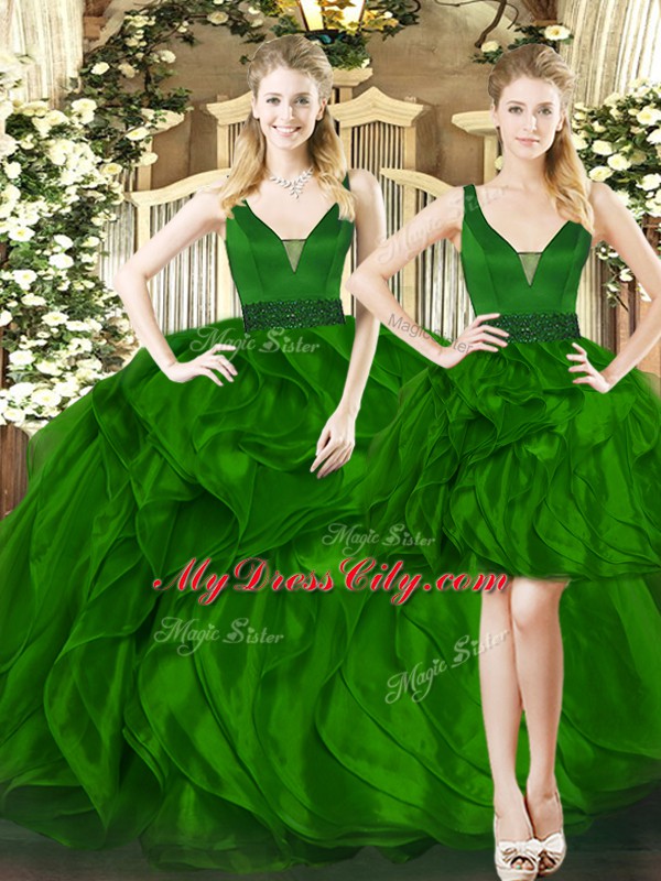 Smart Sleeveless Floor Length Beading and Ruffles Lace Up 15 Quinceanera Dress with Dark Green