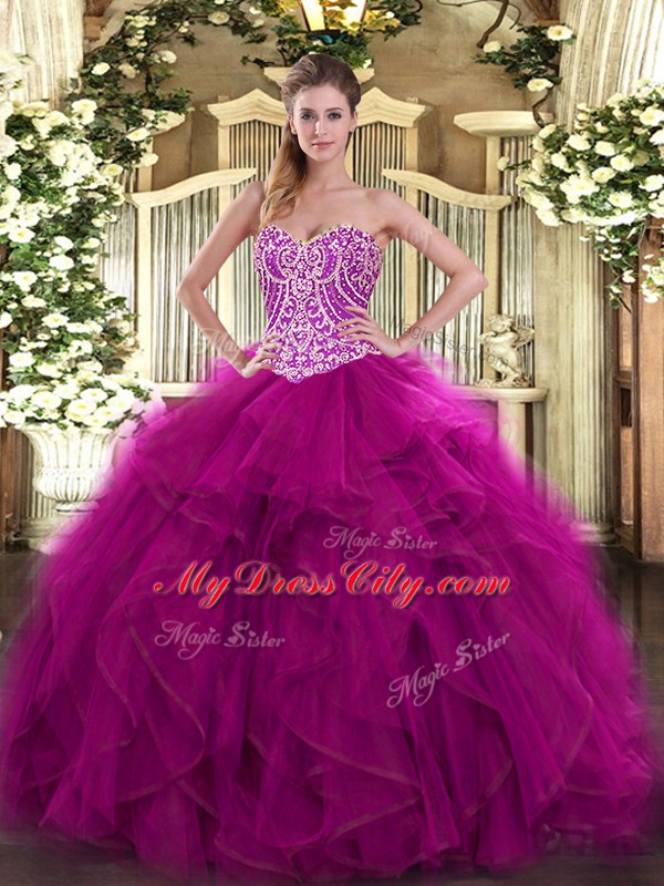 Eye-catching Sleeveless Organza Floor Length Lace Up Quinceanera Dress in Fuchsia with Beading and Ruffles