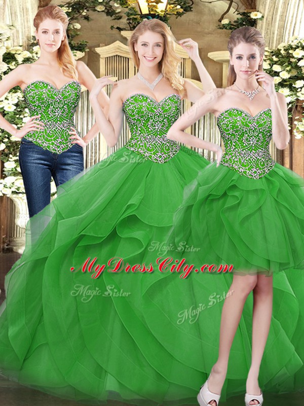 Tulle Sleeveless Floor Length Sweet 16 Dress and Beading and Ruffles