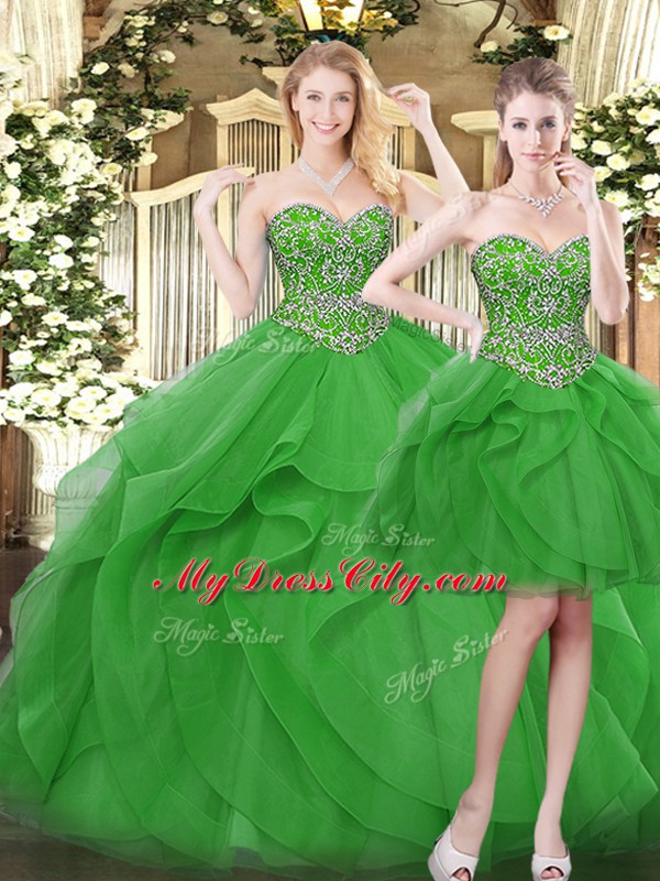 Tulle Sleeveless Floor Length Sweet 16 Dress and Beading and Ruffles