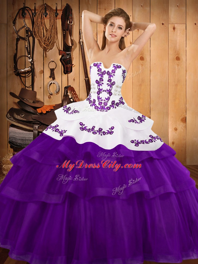 Purple Lace Up Quinceanera Dresses Embroidery and Ruffled Layers Sleeveless Sweep Train