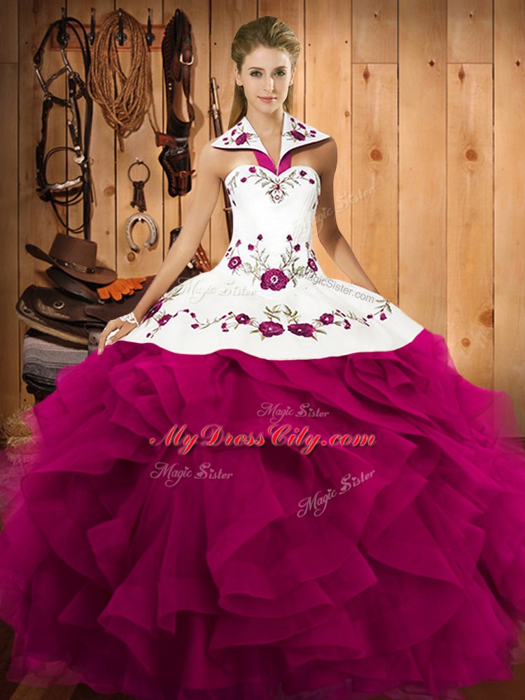 Fuchsia Ball Gowns Halter Top Sleeveless Tulle Floor Length Lace Up Embroidery and Ruffles Sweet 16 Quinceanera Dress