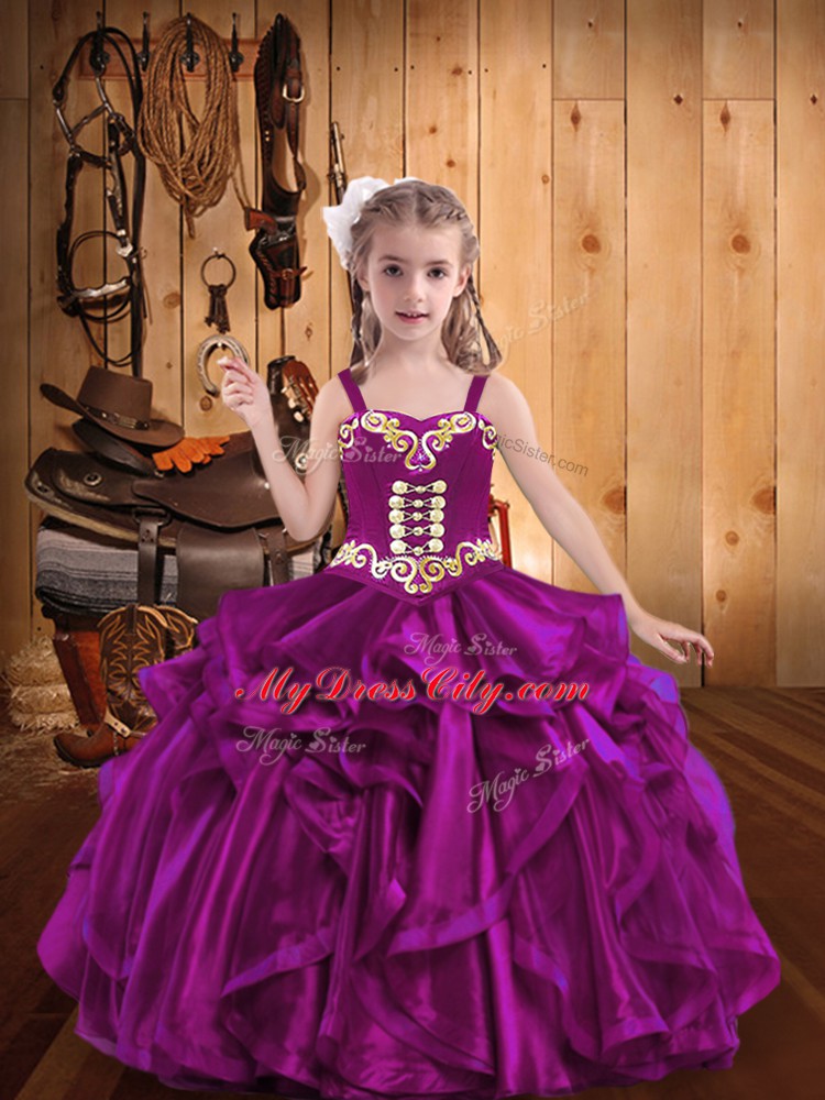 Floor Length Ball Gowns Sleeveless Fuchsia Little Girls Pageant Gowns Lace Up