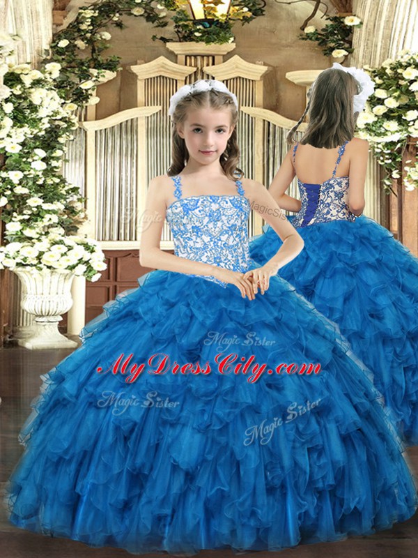 High Quality Beading and Ruffles Little Girls Pageant Dress Blue Lace Up Sleeveless Floor Length