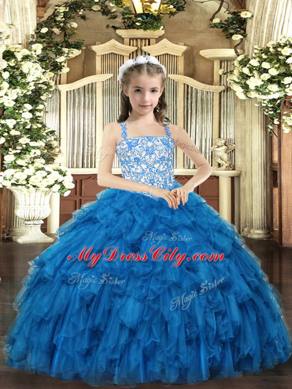 High Quality Beading and Ruffles Little Girls Pageant Dress Blue Lace Up Sleeveless Floor Length