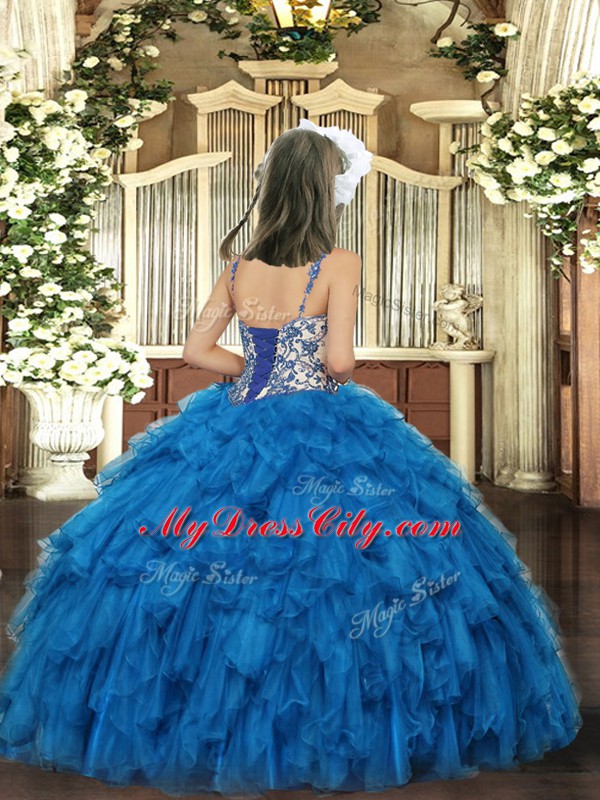 High Quality Beading and Ruffles Little Girls Pageant Dress Blue Lace Up Sleeveless Floor Length