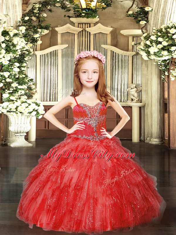 Discount Red Tulle Lace Up Spaghetti Straps Sleeveless Floor Length Pageant Dress for Girls Beading and Ruffles