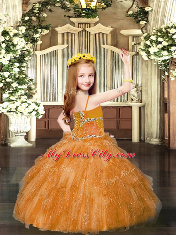 Discount Red Tulle Lace Up Spaghetti Straps Sleeveless Floor Length Pageant Dress for Girls Beading and Ruffles