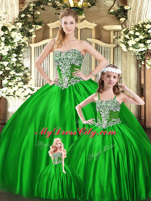 Beauteous Green Organza Lace Up Strapless Sleeveless Floor Length Sweet 16 Dress Beading