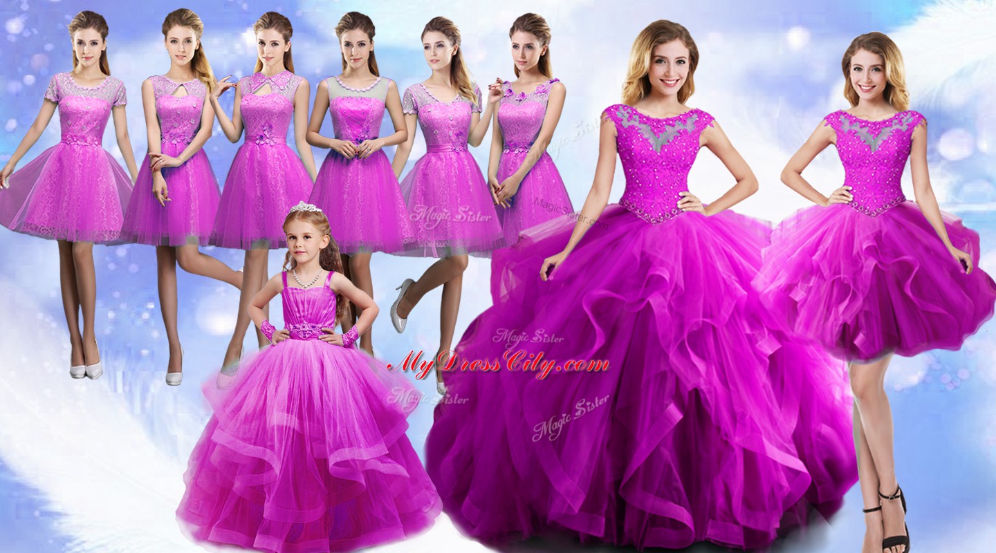 Fuchsia Sleeveless Organza Lace Up Sweet 16 Dress for Military Ball and Sweet 16 and Quinceanera