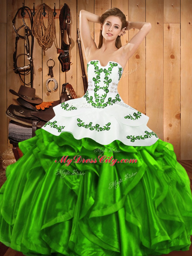 Lovely Ball Gowns Satin and Organza Strapless Sleeveless Embroidery and Ruffles Floor Length Lace Up Sweet 16 Dress