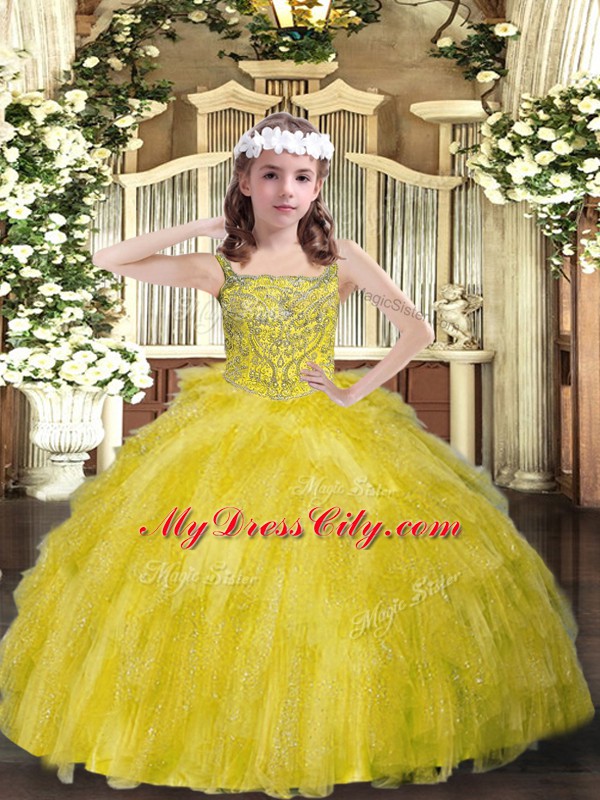 Luxurious Floor Length Ball Gowns Sleeveless Yellow Green High School Pageant Dress Lace Up