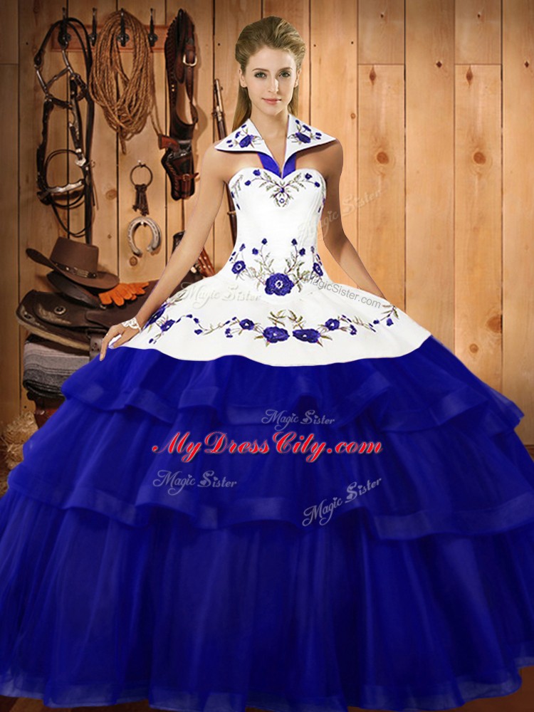 Royal Blue Ball Gowns Halter Top Sleeveless Organza Sweep Train Lace Up Embroidery and Ruffled Layers Quinceanera Gowns