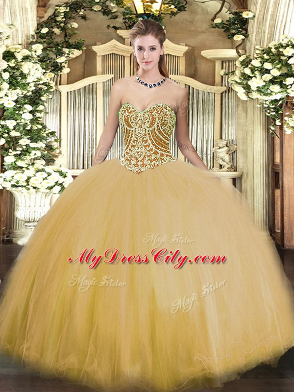 Adorable Floor Length Gold Vestidos de Quinceanera Tulle Sleeveless Beading