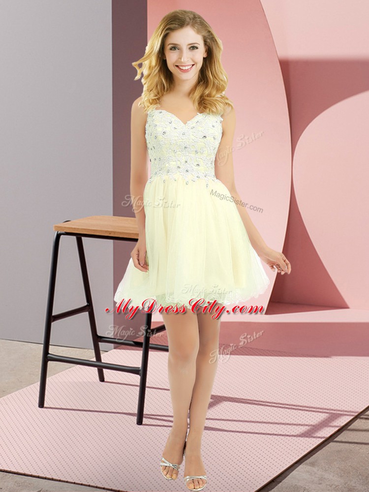 Fantastic Light Yellow Sleeveless Tulle Lace Up Court Dresses for Sweet 16 for Prom and Party and Wedding Party