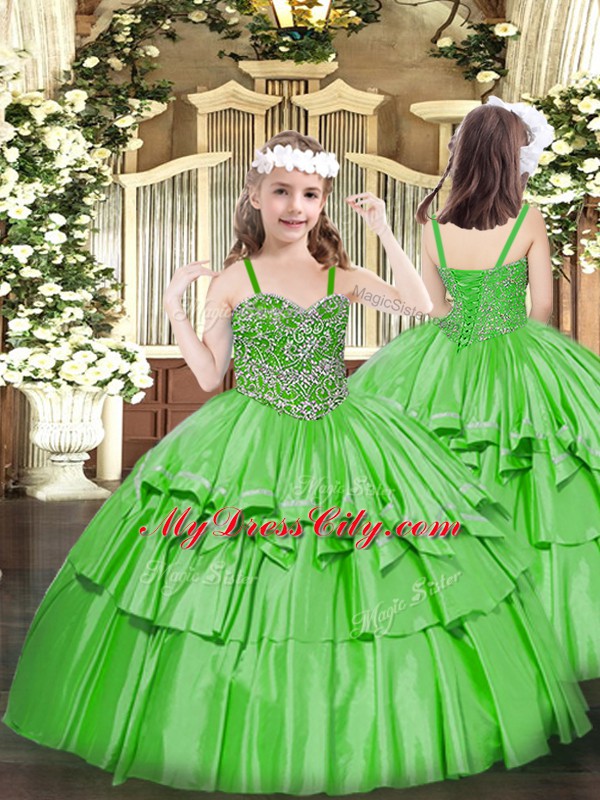 Green Straps Lace Up Beading and Ruffled Layers High School Pageant Dress Sleeveless