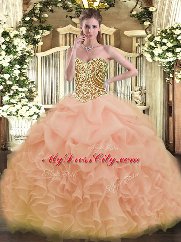 Most Popular Organza Sleeveless Floor Length Sweet 16 Quinceanera Dress and Beading and Ruffles