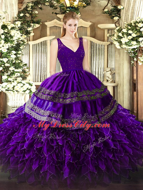 Delicate Floor Length Purple Sweet 16 Dresses Organza Sleeveless Beading and Lace and Ruffles