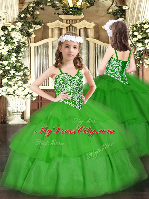 Green Straps Neckline Beading and Ruffled Layers Kids Pageant Dress Sleeveless Lace Up