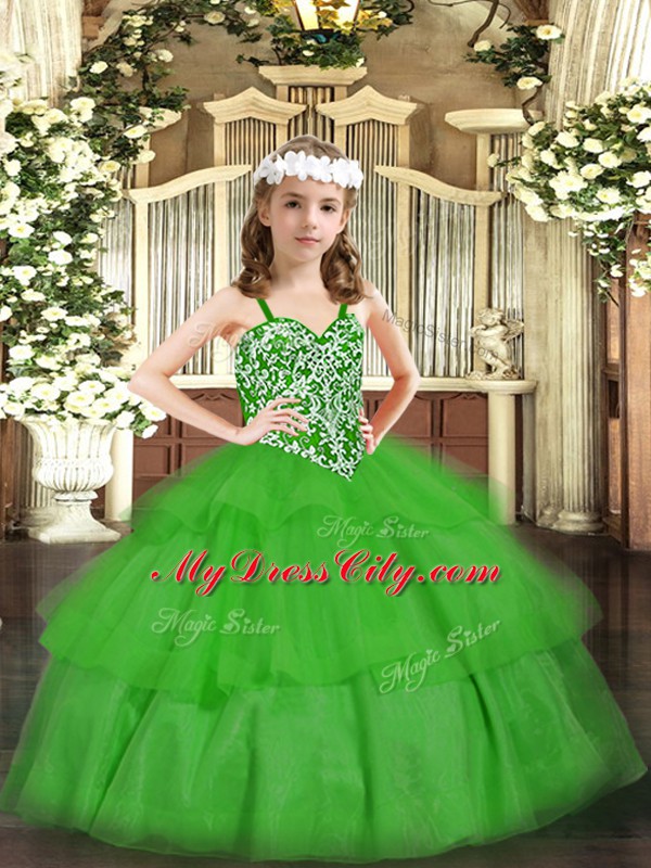 Green Straps Neckline Beading and Ruffled Layers Kids Pageant Dress Sleeveless Lace Up