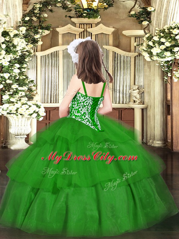 Green Straps Neckline Beading and Ruffled Layers Kids Pageant Dress Sleeveless Lace Up