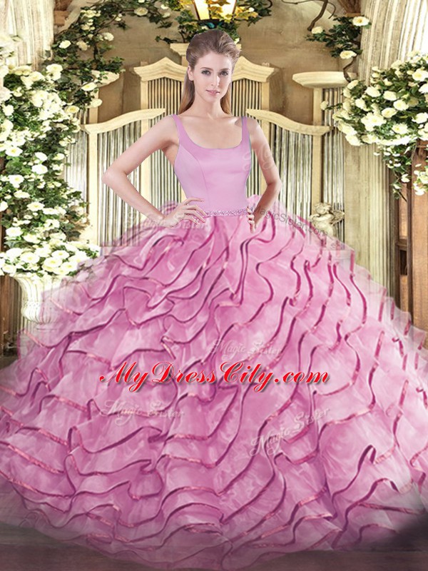 Fitting Rose Pink Sleeveless Brush Train Ruffled Layers 15 Quinceanera Dress