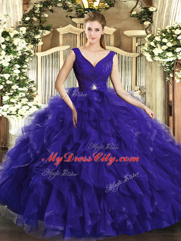 Unique Beading and Ruffles 15 Quinceanera Dress Purple Backless Sleeveless Floor Length