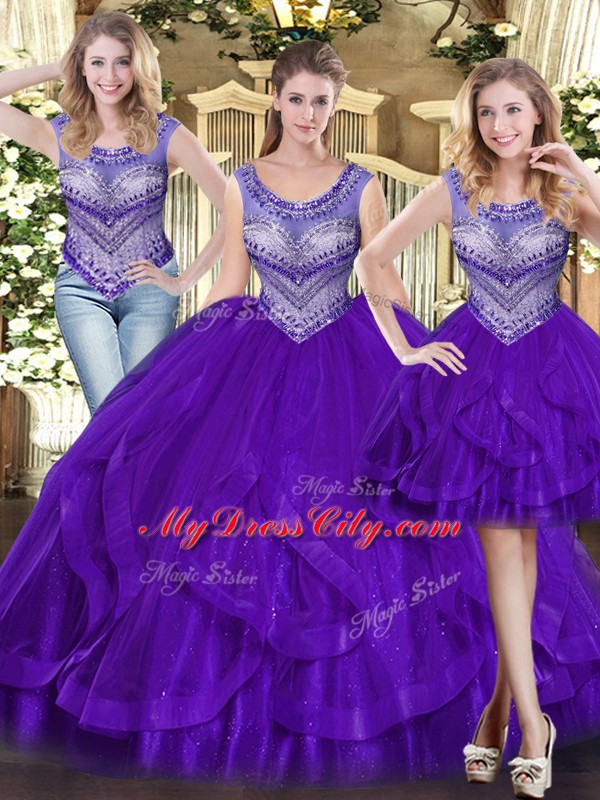 Perfect Ball Gowns 15th Birthday Dress Purple Scoop Tulle Sleeveless Floor Length Lace Up