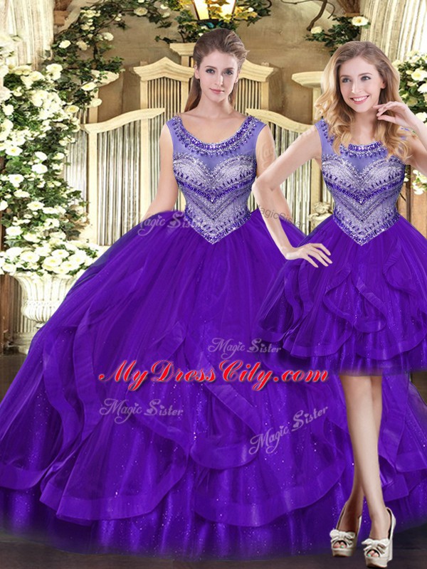 Perfect Ball Gowns 15th Birthday Dress Purple Scoop Tulle Sleeveless Floor Length Lace Up