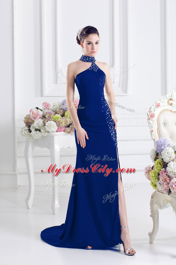 Stunning Royal Blue Column/Sheath Elastic Woven Satin Halter Top Sleeveless Beading Lace Up Prom Party Dress Sweep Train