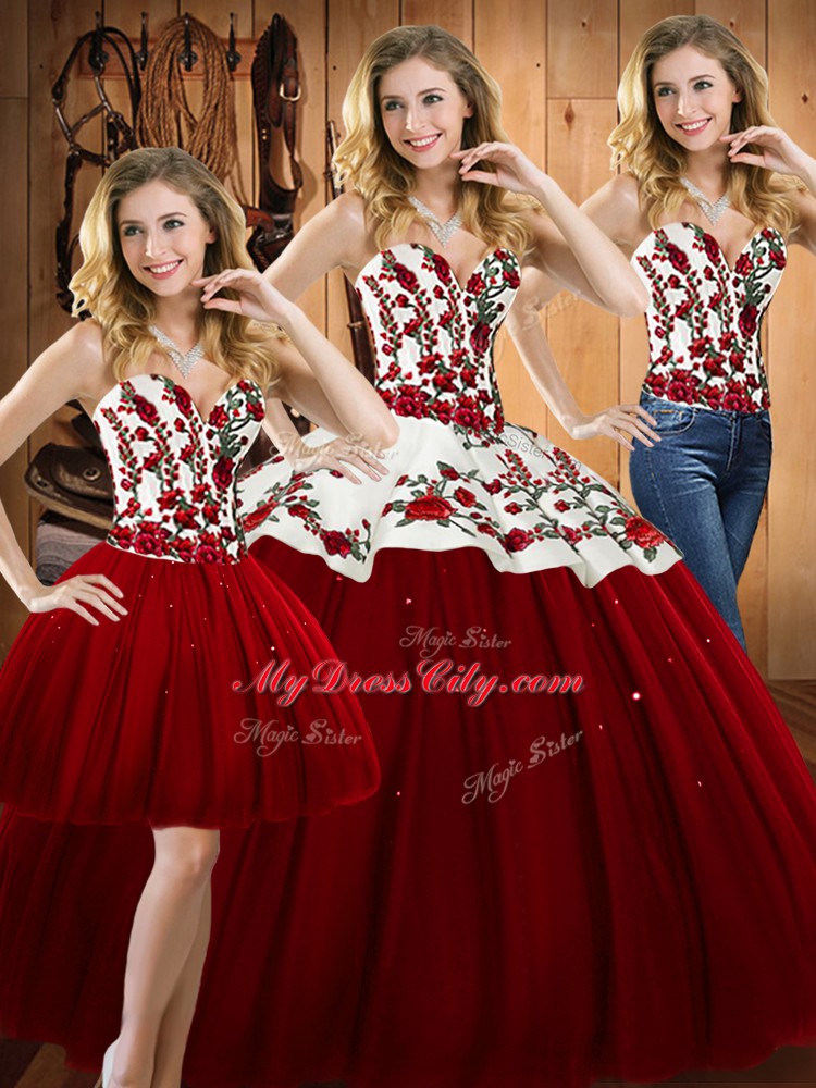 Superior Sleeveless Floor Length Embroidery Lace Up Sweet 16 Dress with Wine Red