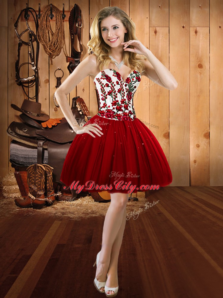 Superior Sleeveless Floor Length Embroidery Lace Up Sweet 16 Dress with Wine Red