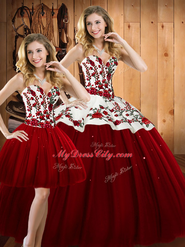 Superior Sleeveless Floor Length Embroidery Lace Up Sweet 16 Dress with Wine Red