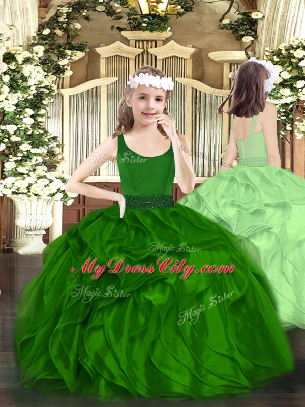 Dark Green Scoop Zipper Beading and Ruffles Pageant Dress Sleeveless